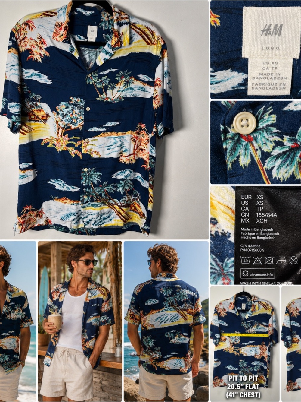 H&M LOGG Hawaiian Shirt XS Navy Tropical Island Palm Tree Aloha Coastal Resort